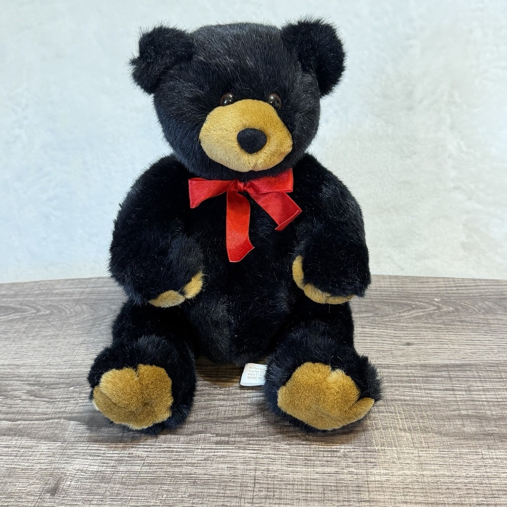 Fiesta Toy Black Plush Sitting Teddy Bear 9" Red Ribbon #2893 Stuffed Animal